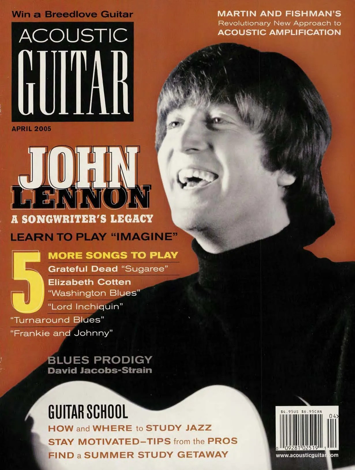Cover of the April 2005 issue of Acoustic Guitar magazine featuring John Lennon