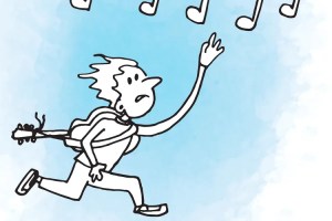 illustration of a person chasing music notes