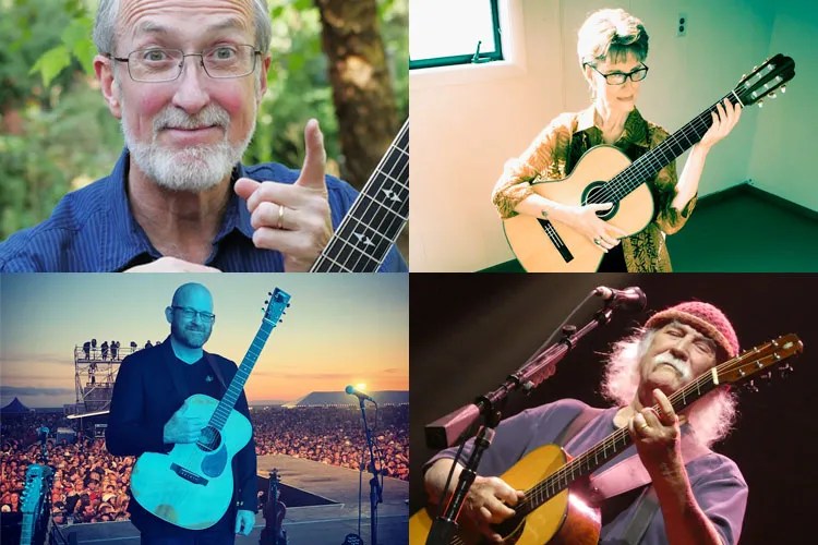 four acoustic guitarists are pictured playing their instruments