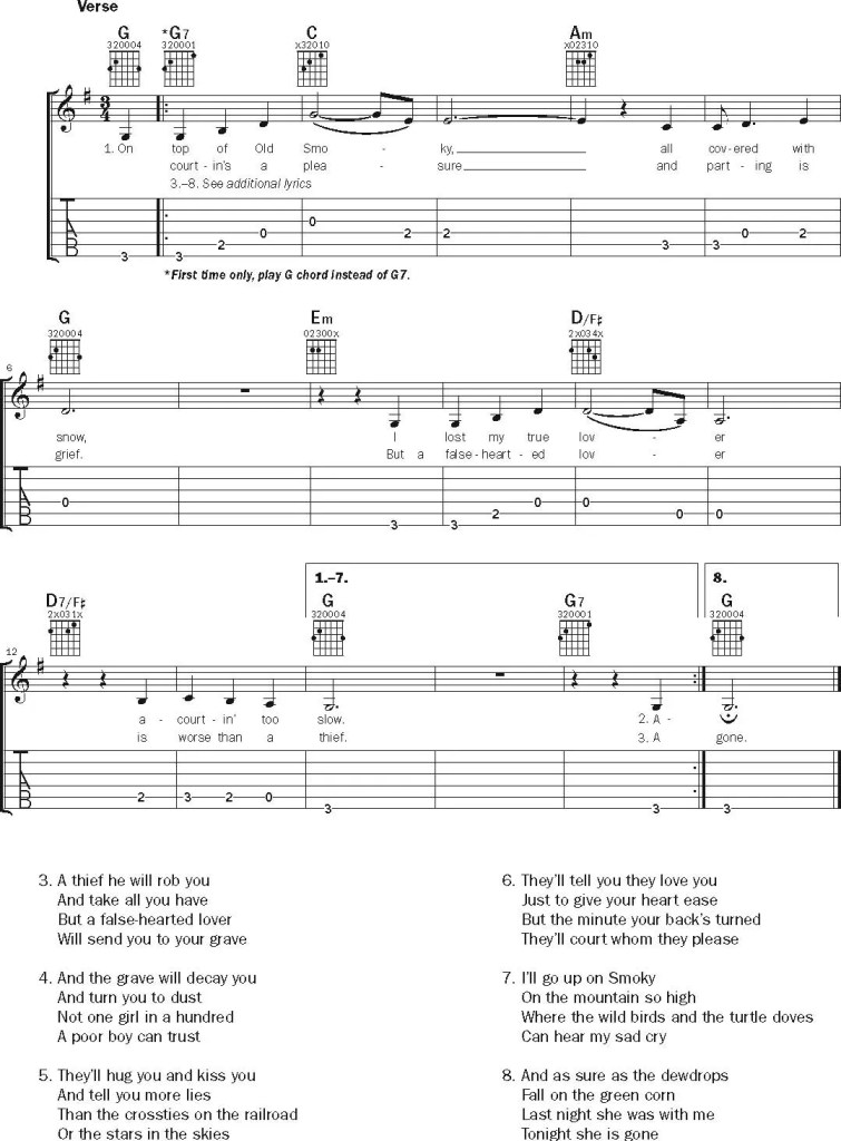 "On Top of Old Smoky" Guitar music notation sheet 2