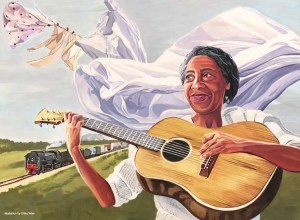 Illustration of Elizabeth Cotten playing acoustic guitar with a freight train rolling by in the background.