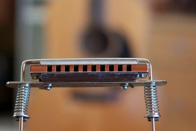 closuep of a harmonica on a neck holder with a blurry acoustic guitar in the background