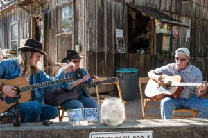 Playing bass lines on guitar.