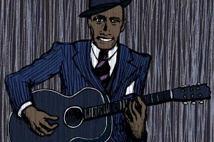 Illustration of Robert Johnson with guitar.