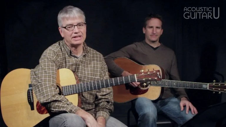 photograph of scott nygaard and dan gabel sitting side-by-side with their acoustic guitars ready to play
